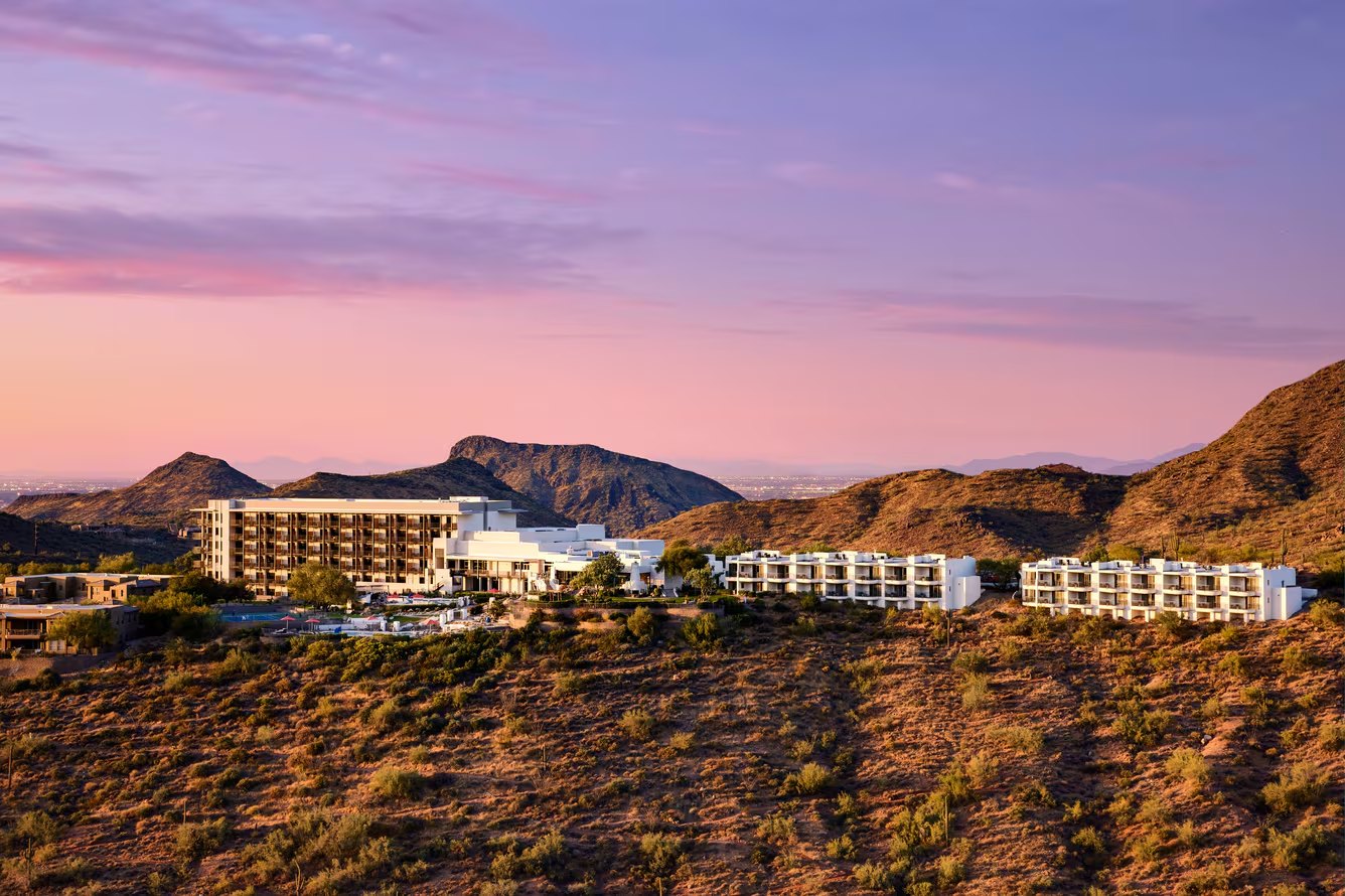 Adero Scottsdale Resort on its ridge at sunset