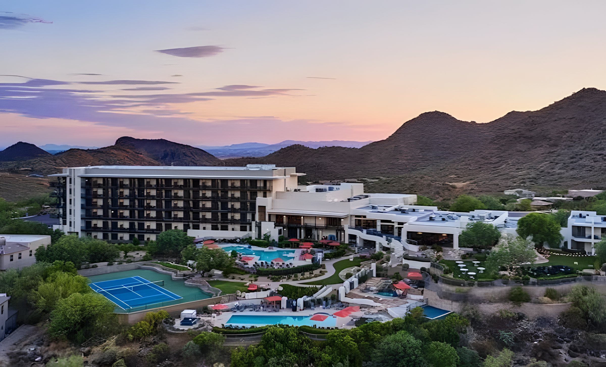 Adero Scottsdale Resort at dusk, overlooking the McDowell Mountains